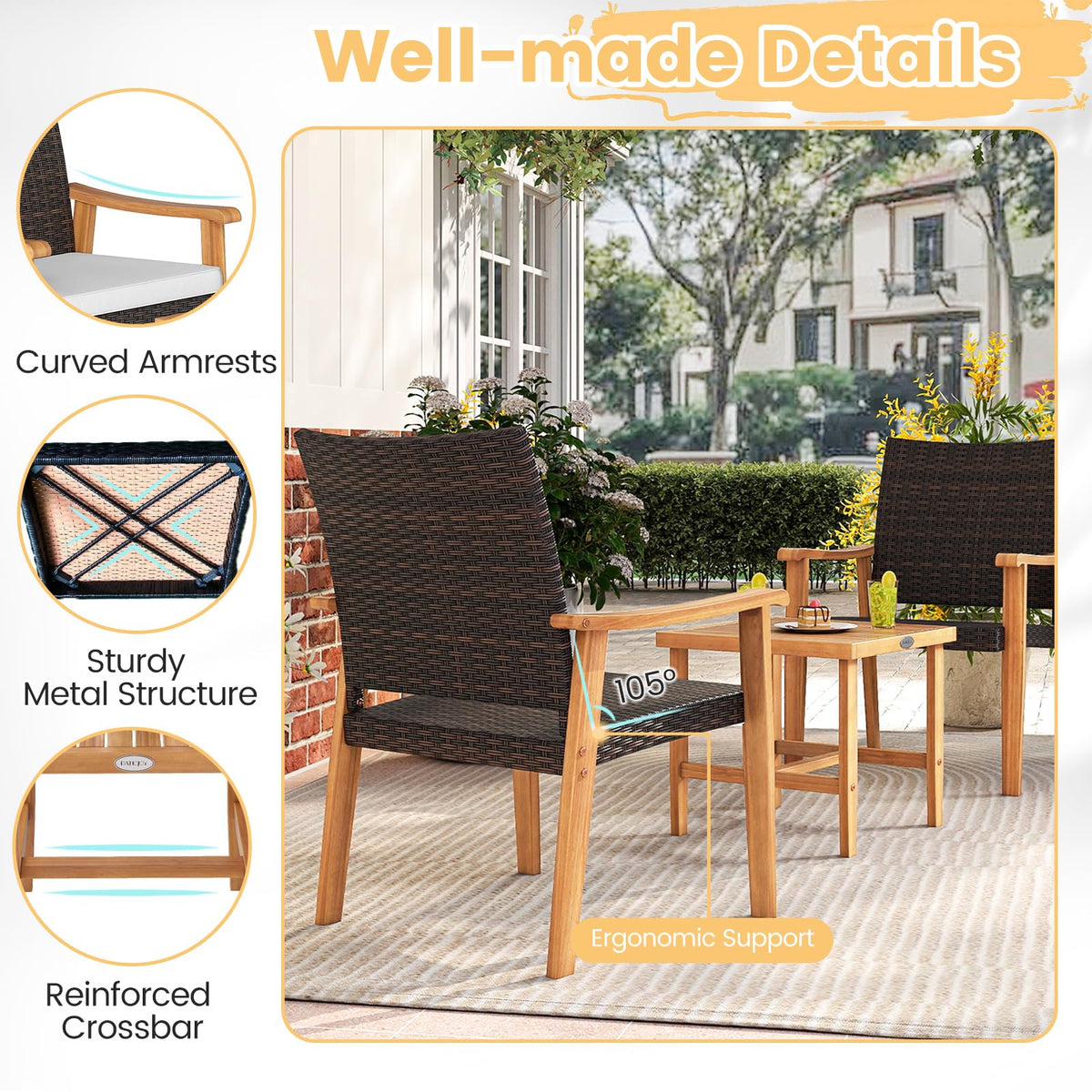 Tangkula 3 Pieces Patio PE Wicker Furniture Set Acacia Wood Outdoor Conversation Bistro Set - Product image 8