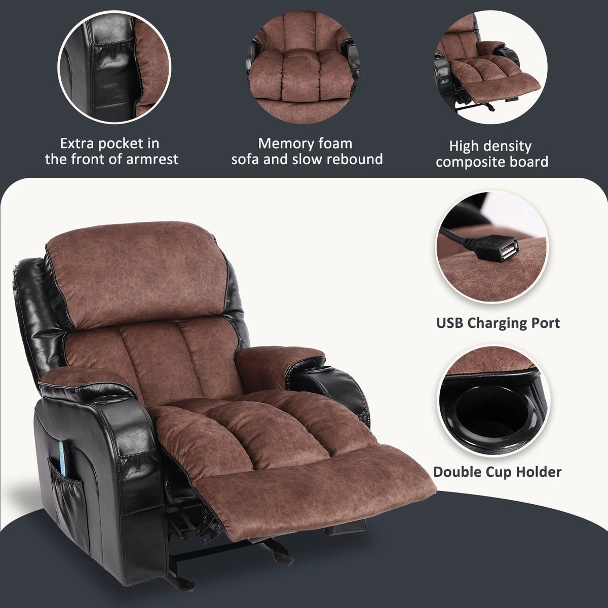 Leather Massage Recliner Chair, Modern Electric Power Rocker with Heated Massage, Ergonomic Lounge Chair - Product image 7