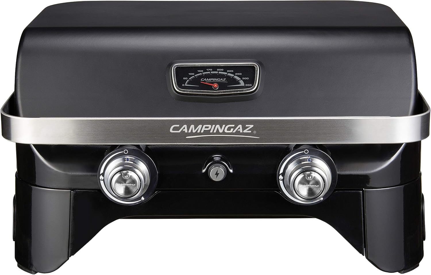 Attitude2go, Low Smoke Tabletop Barbecue, Portable BBQ, with Lid, Thermometer, and Cast Iron Grill, Power Supply: CV 470 Plus Gas Cartridge, Gray