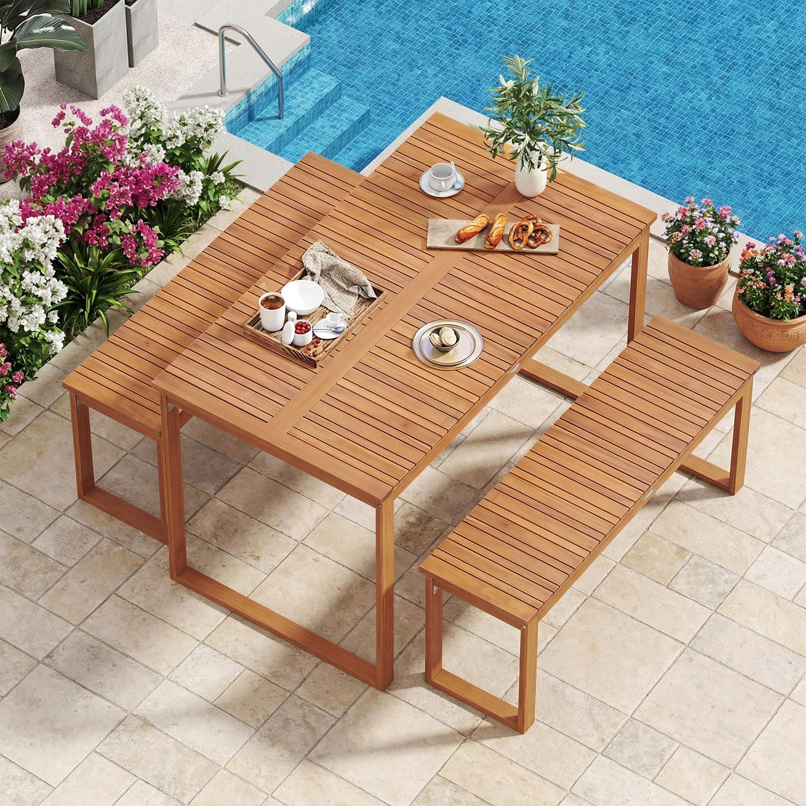 Tangkula Rectangular Acacia Wood Patio Dining Table with Slatted Tabletop (49" x 27.5")