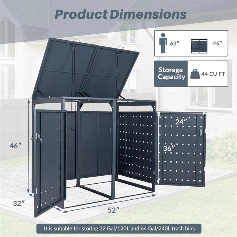 Outdoor Metal Garbage Bin Storage Shed for 2 Trash Cans, 44 Cu.Ft Double Trash Can Enclosure w/ Gas Struts - Product image 4