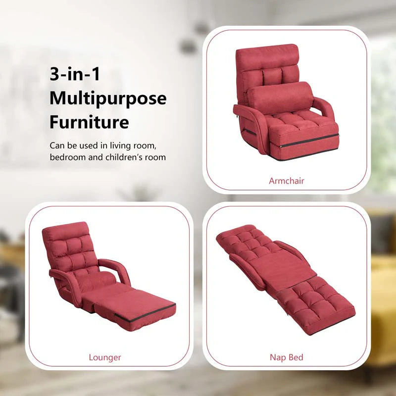 Folding Lazy Sofa Floor Chair with 6-Position Adjustable Backrest, Lumbar Pillow & Armrests - Product image 21