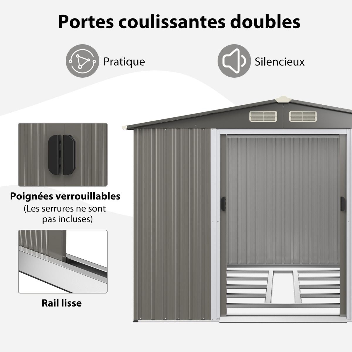 Exterior Metal Garden Shed 9.74m³ Galvanized Steel with Foundation 4 Louvers Double Door and Ramp 260 x 207 x 181 cm Dark Grey/Light Gray -
