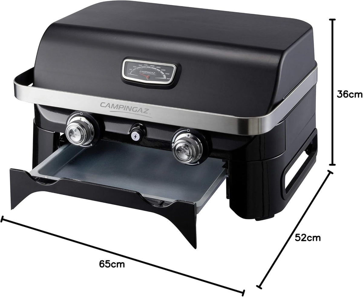 Attitude2go, Low Smoke Tabletop Barbecue, Portable BBQ, with Lid, Thermometer, and Cast Iron Grill, Power Supply: CV 470 Plus Gas Cartridge, Gray