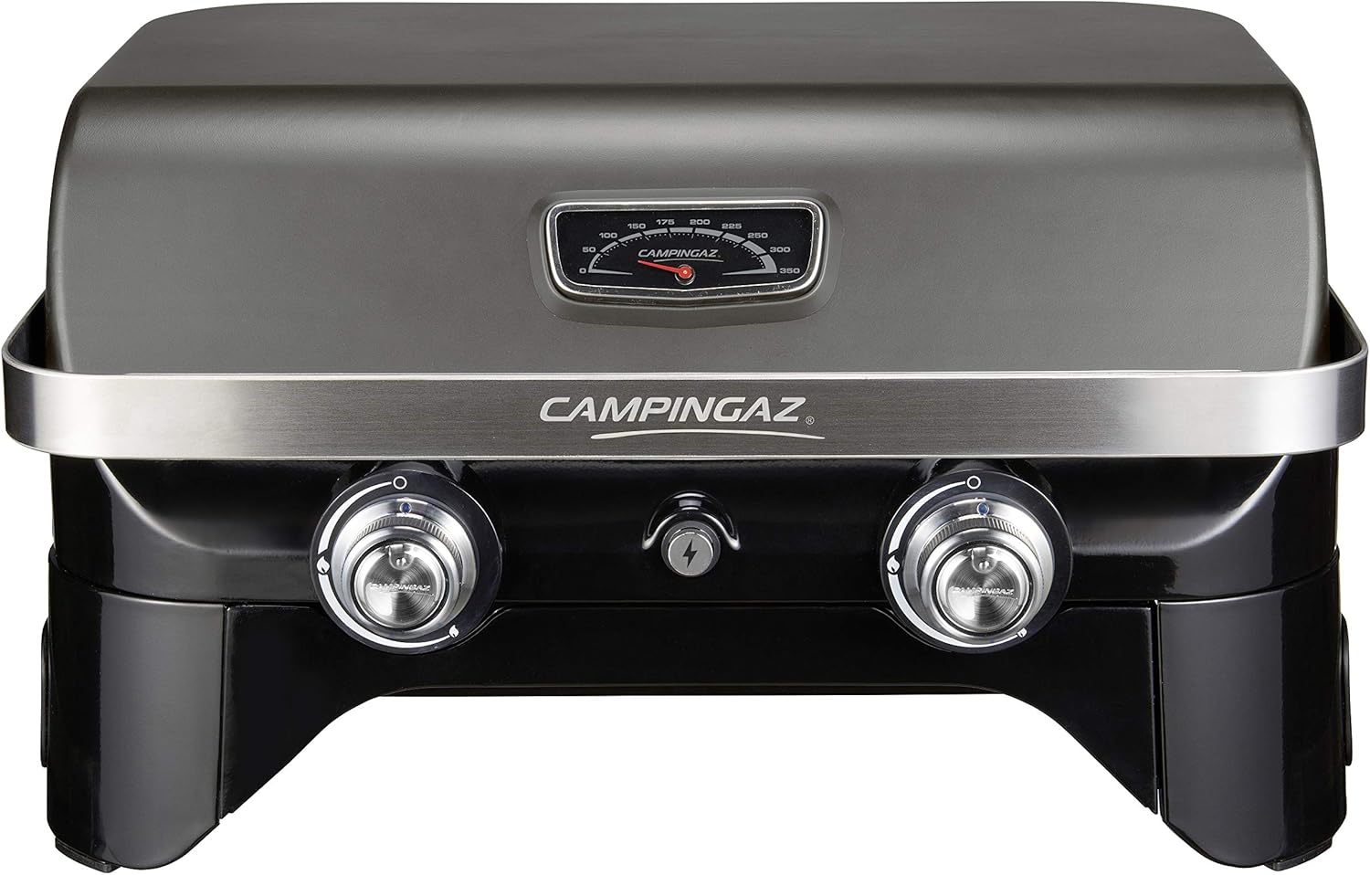 Attitude2go, Low Smoke Tabletop Barbecue, Portable BBQ, with Lid, Thermometer, and Cast Iron Grill, Power Supply: CV 470 Plus Gas Cartridge, Gray