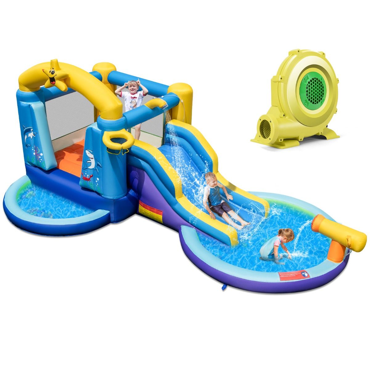6 in 1 Ocean Bouncy Castle with 680W Blower Water Slide & 2 Pools Inflatable Bounce House Load 90kg -