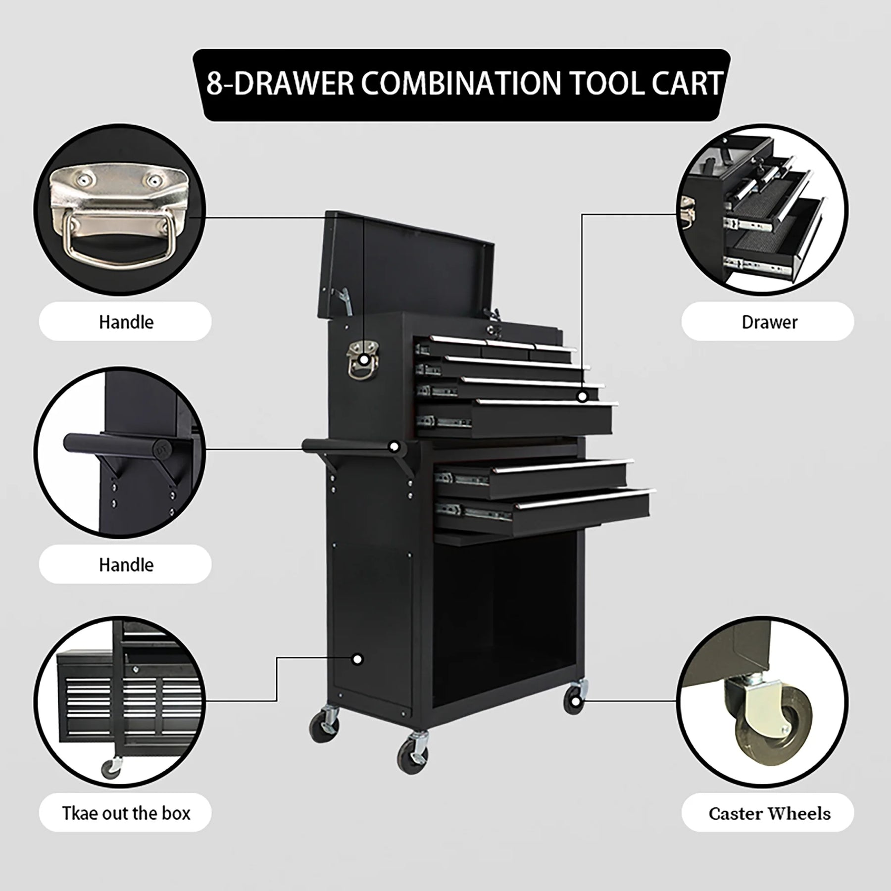 8 Drawer Large Capacity Rolling Toolbox, Detachable Cabinet Storage Tool Chest with Wheels - Product image 5
