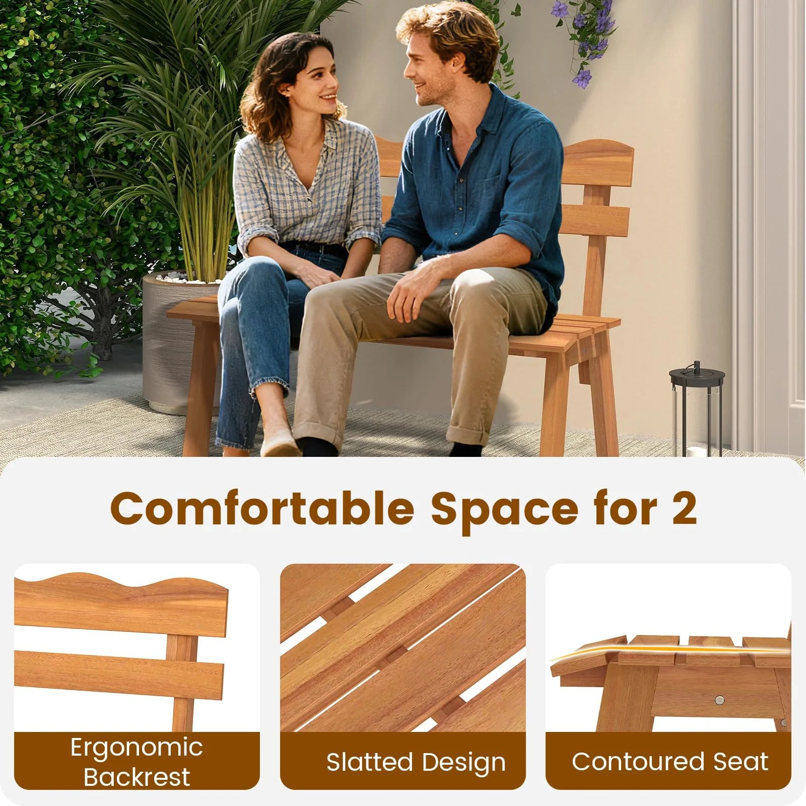 Tangkula 2 Person Patio Garden Bench with Waved Backrest and Slatted Seat - Product image 9