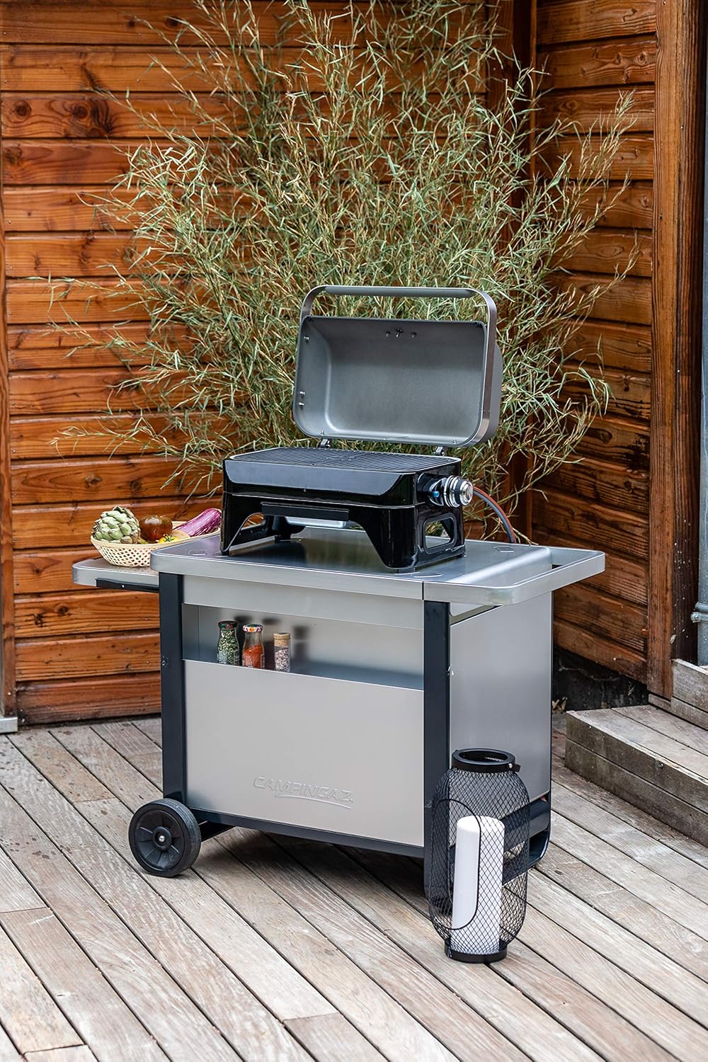 Attitude2go, Low Smoke Tabletop Barbecue, Portable BBQ, with Lid, Thermometer, and Cast Iron Grill, Power Supply: CV 470 Plus Gas Cartridge, Gray