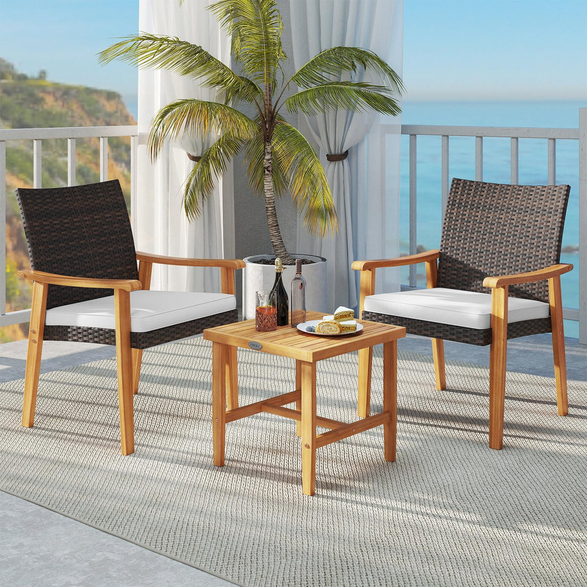 Tangkula 3 Pieces Patio PE Wicker Furniture Set Acacia Wood Outdoor Conversation Bistro Set - Product image 3