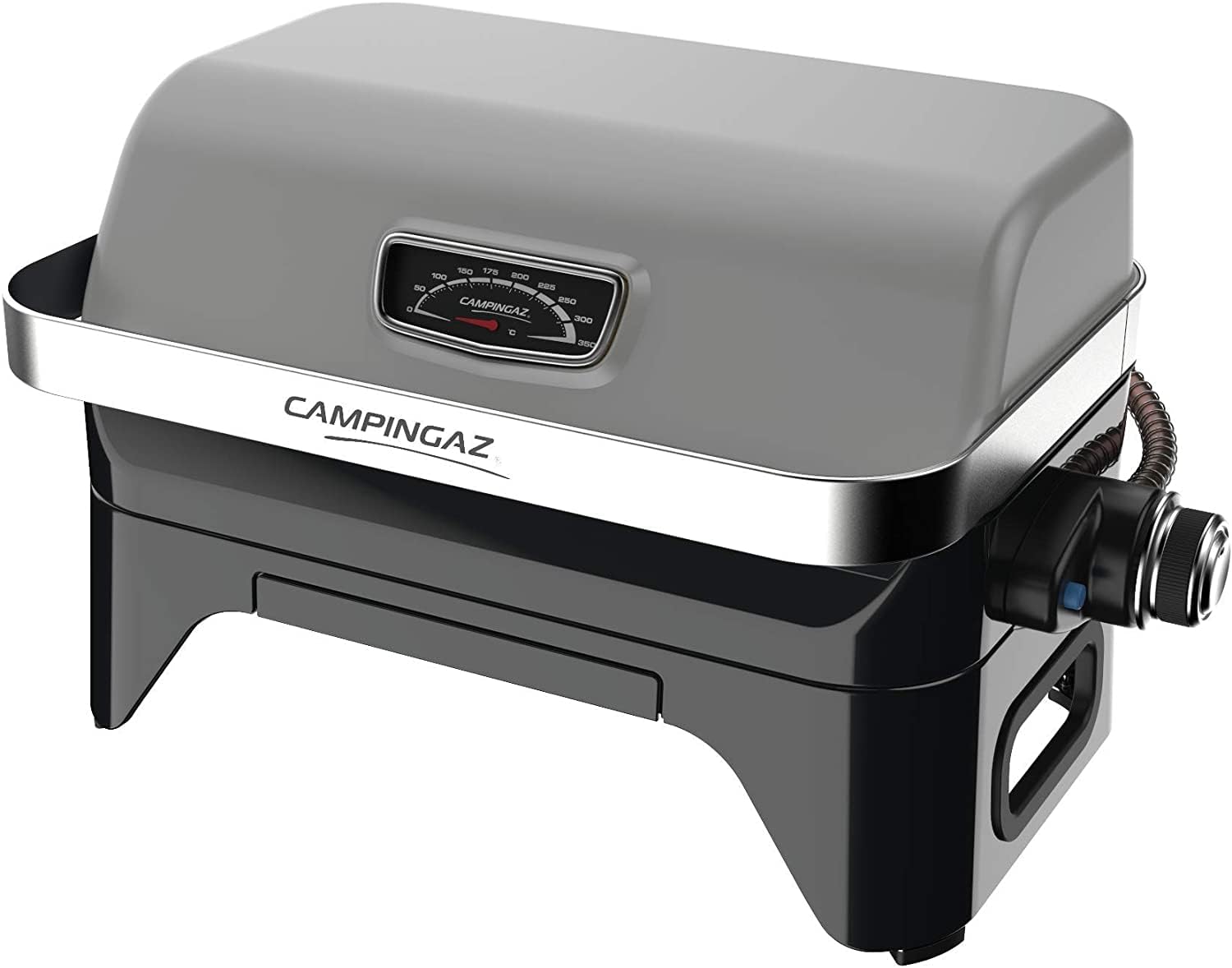 Attitude2go, Low Smoke Tabletop Barbecue, Portable BBQ, with Lid, Thermometer, and Cast Iron Grill, Power Supply: CV 470 Plus Gas Cartridge, Gray