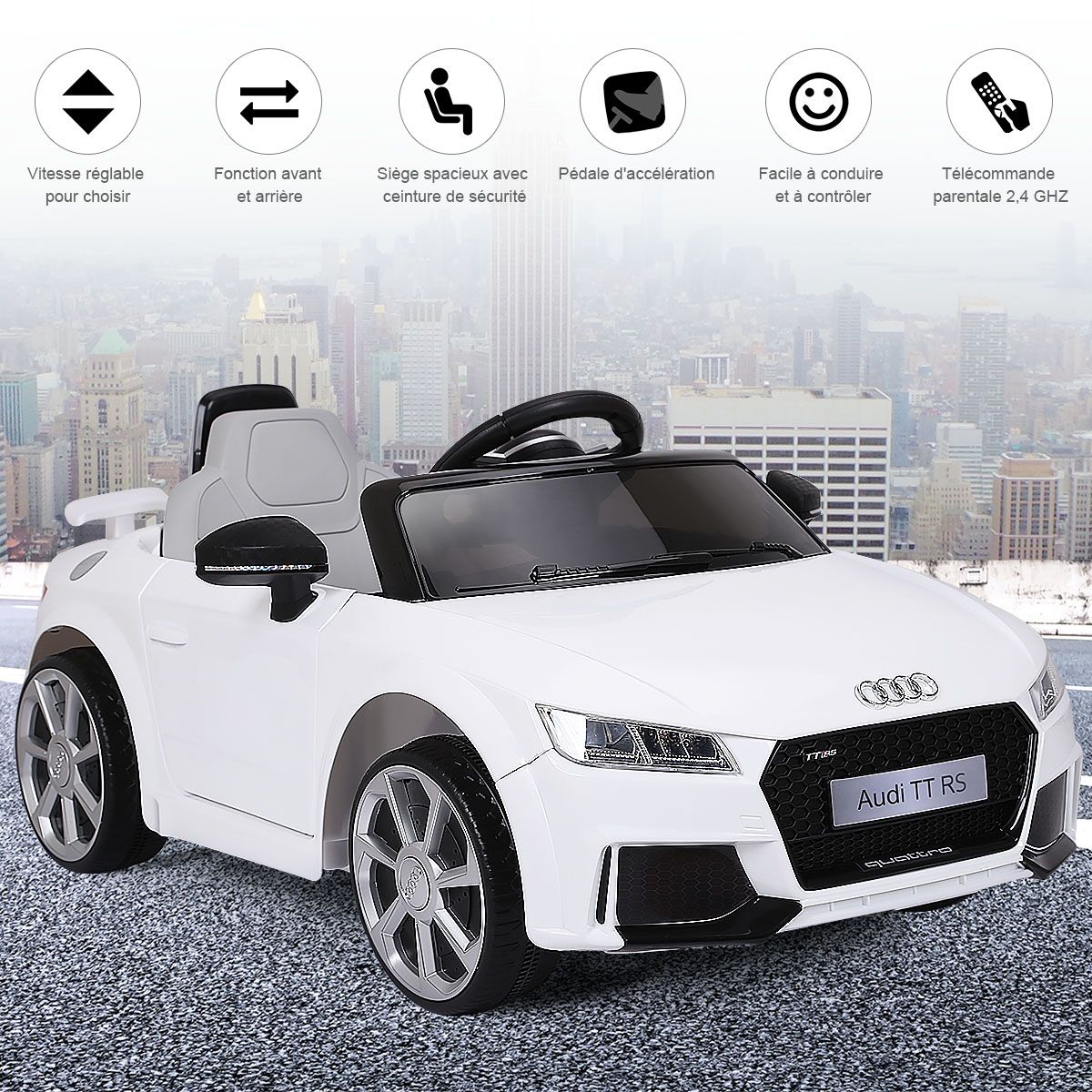 TTRS Electric Car for Children 12V Max. 5 Km/h Double Door with 2.4G Remote Control White/Red -