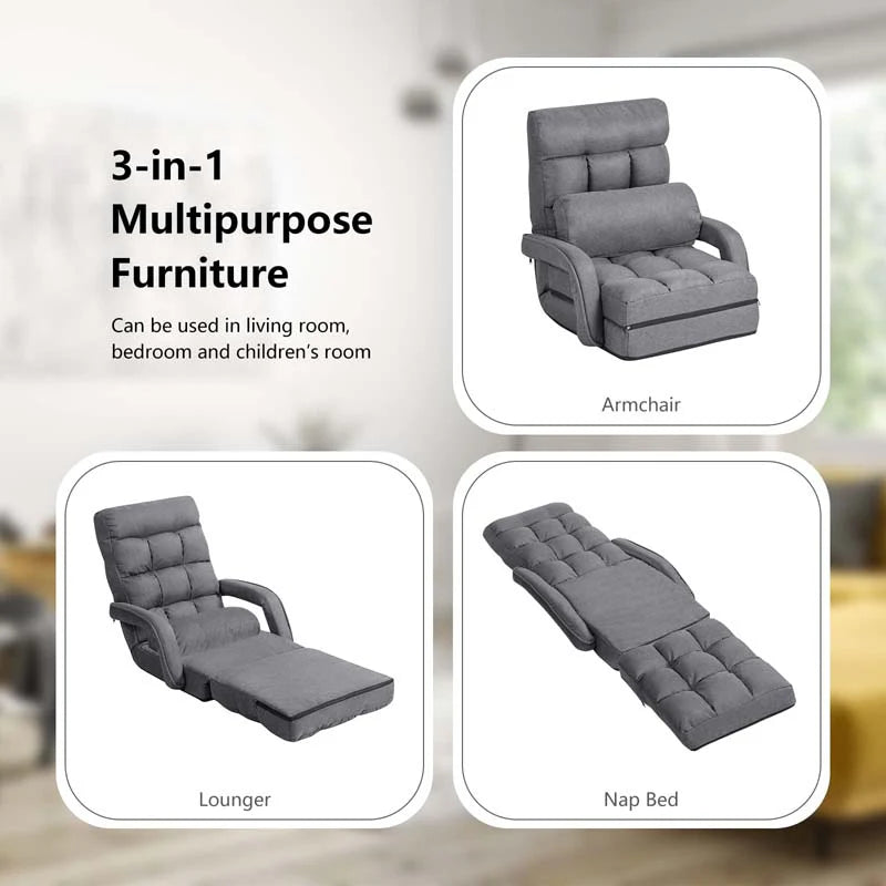 Folding Lazy Sofa Floor Chair with 6-Position Adjustable Backrest, Lumbar Pillow & Armrests - Product image 13