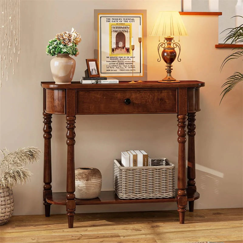 36" 2-Tier Retro Console Table with Storage Drawer & Open Shelf, Solid Wood Narrow Entryway Sofa Table for - Product image 2