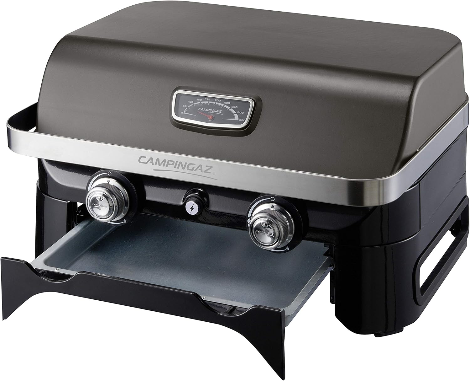 Attitude2go, Low Smoke Tabletop Barbecue, Portable BBQ, with Lid, Thermometer, and Cast Iron Grill, Power Supply: CV 470 Plus Gas Cartridge, Gray