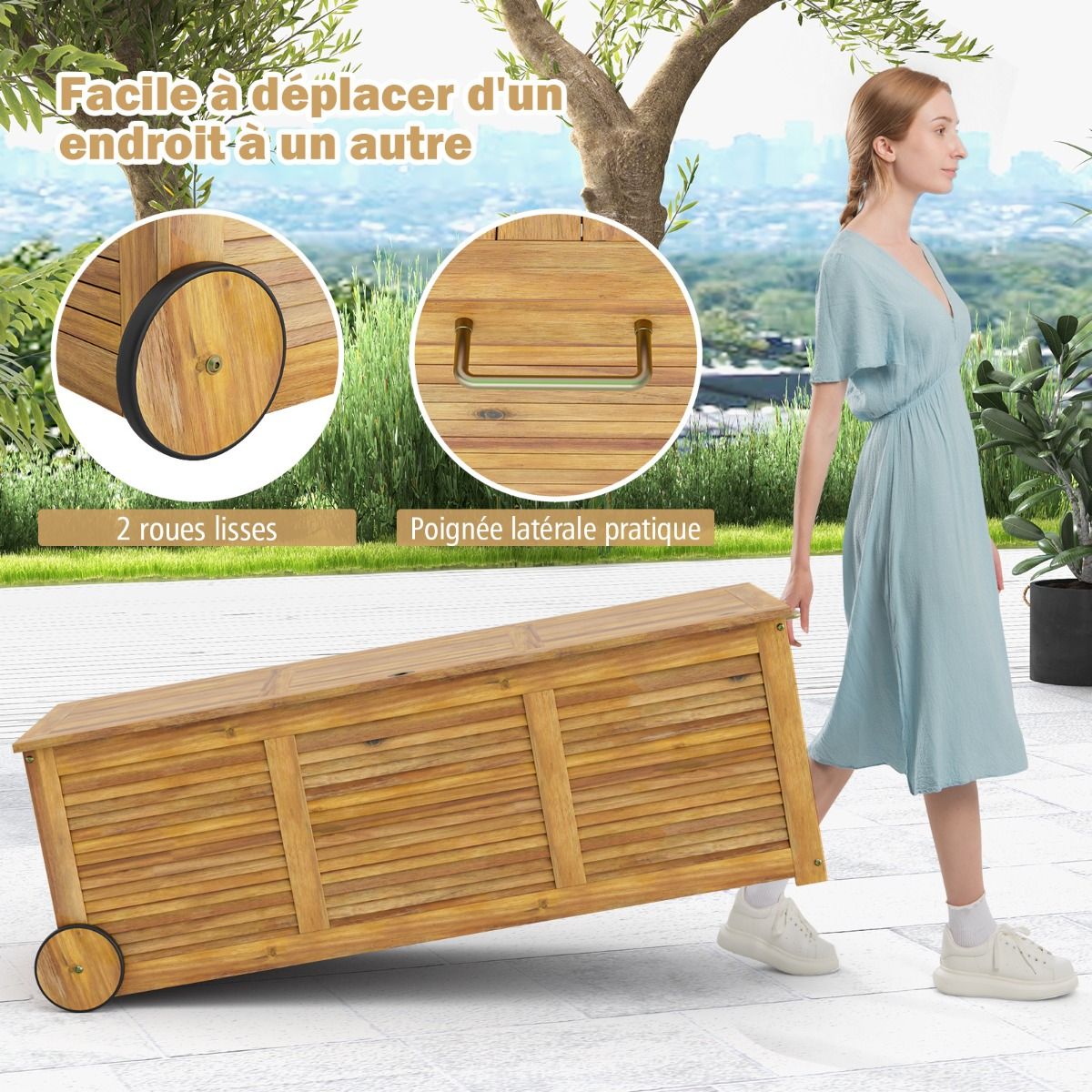 182L Acacia Wood Storage Chest Metal Hinge Outdoor Storage Bench on Wheels for Garden Patio -