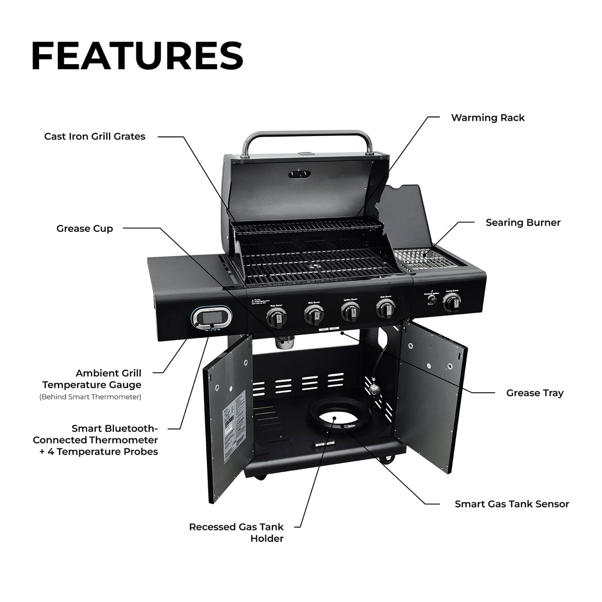 4-Burner Smart Gas Grill with Side Searing Burner. Black with Chrome Accents - Product image 5