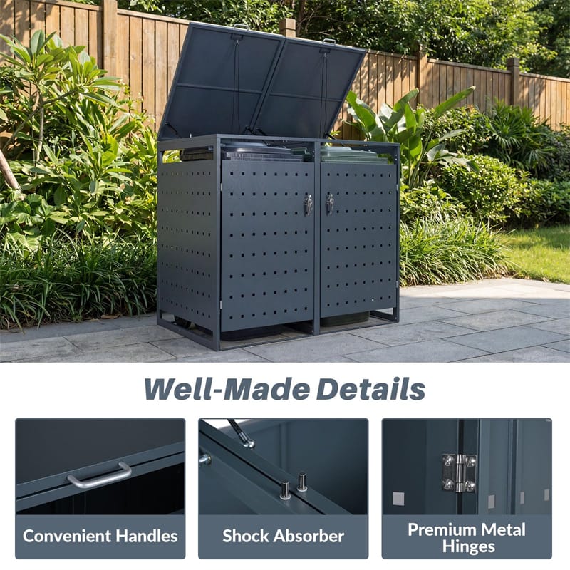 Outdoor Metal Garbage Bin Storage Shed for 2 Trash Cans, 44 Cu.Ft Double Trash Can Enclosure w/ Gas Struts - Product image 6