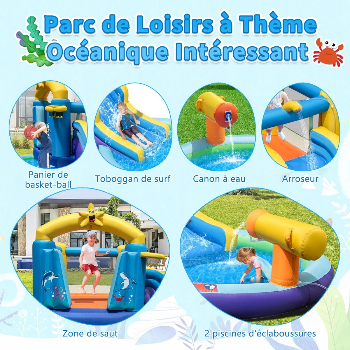 6 in 1 Ocean Bouncy Castle with 680W Blower Water Slide & 2 Pools Inflatable Bounce House Load 90kg -