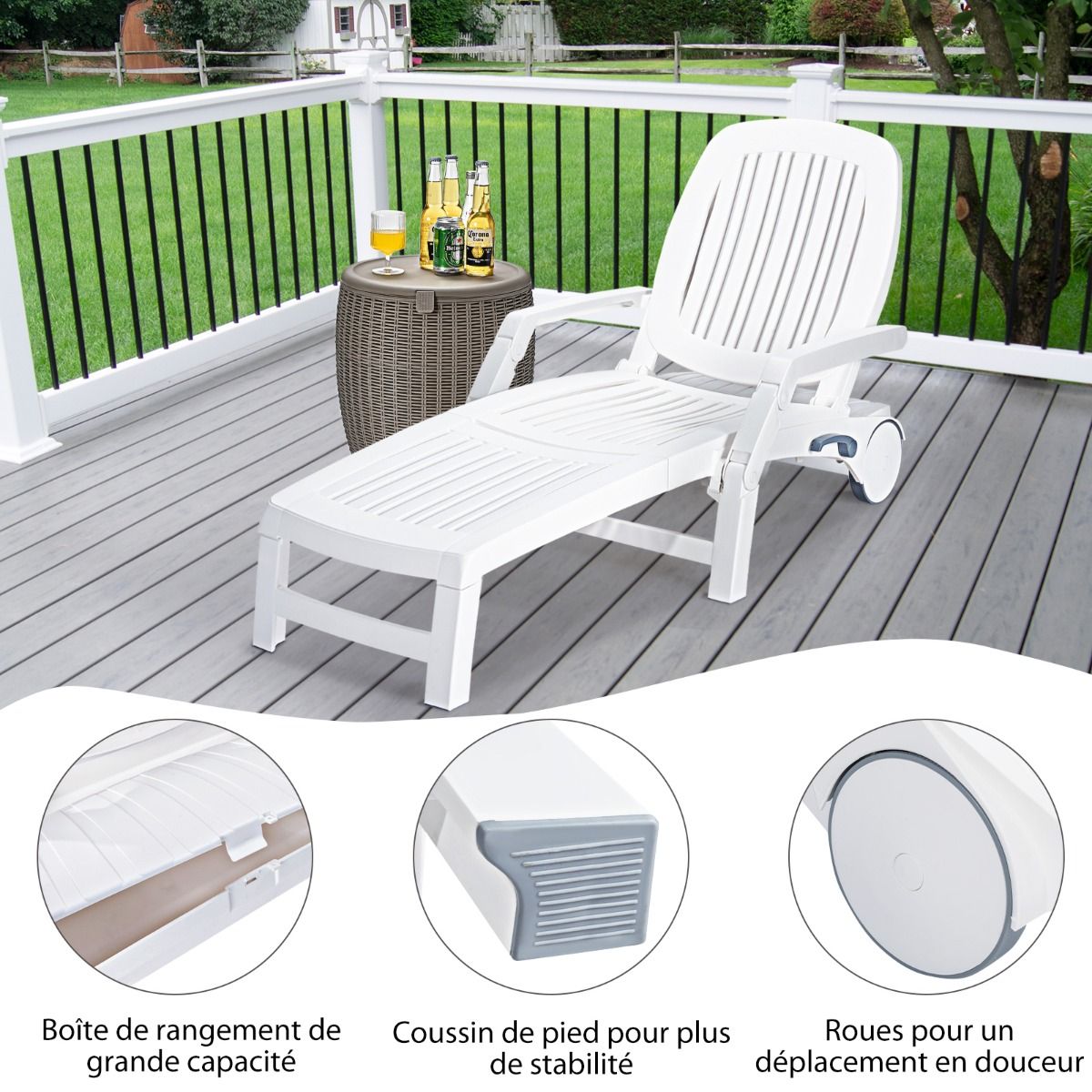 5 Position Adjustable Reclining Deck Chair with Flexible Wheels Camping Relax Armchair with Storage Box Load 150KG White -