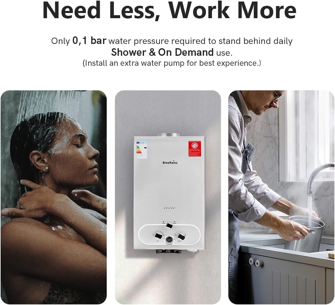 20LPM Gas Water Heater, 40KW Instant LPG Water Heater with Very Low Required Water Pressure of 0.1 Bar for Showering and On Demand, Runs on Butane and Propane