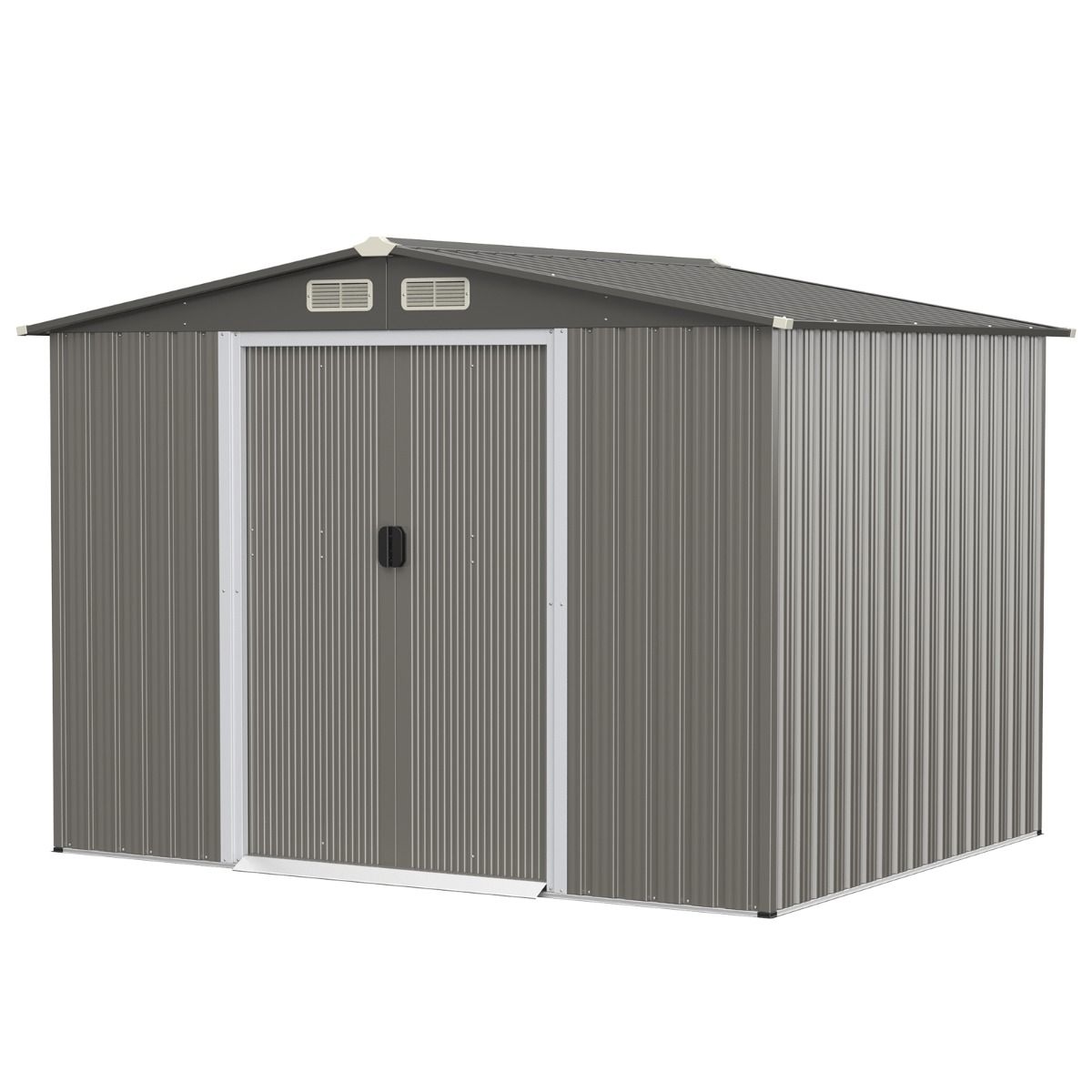 Exterior Metal Garden Shed 9.74m³ Galvanized Steel with Foundation 4 Louvers Double Door and Ramp 260 x 207 x 181 cm Dark Grey/Light Gray -