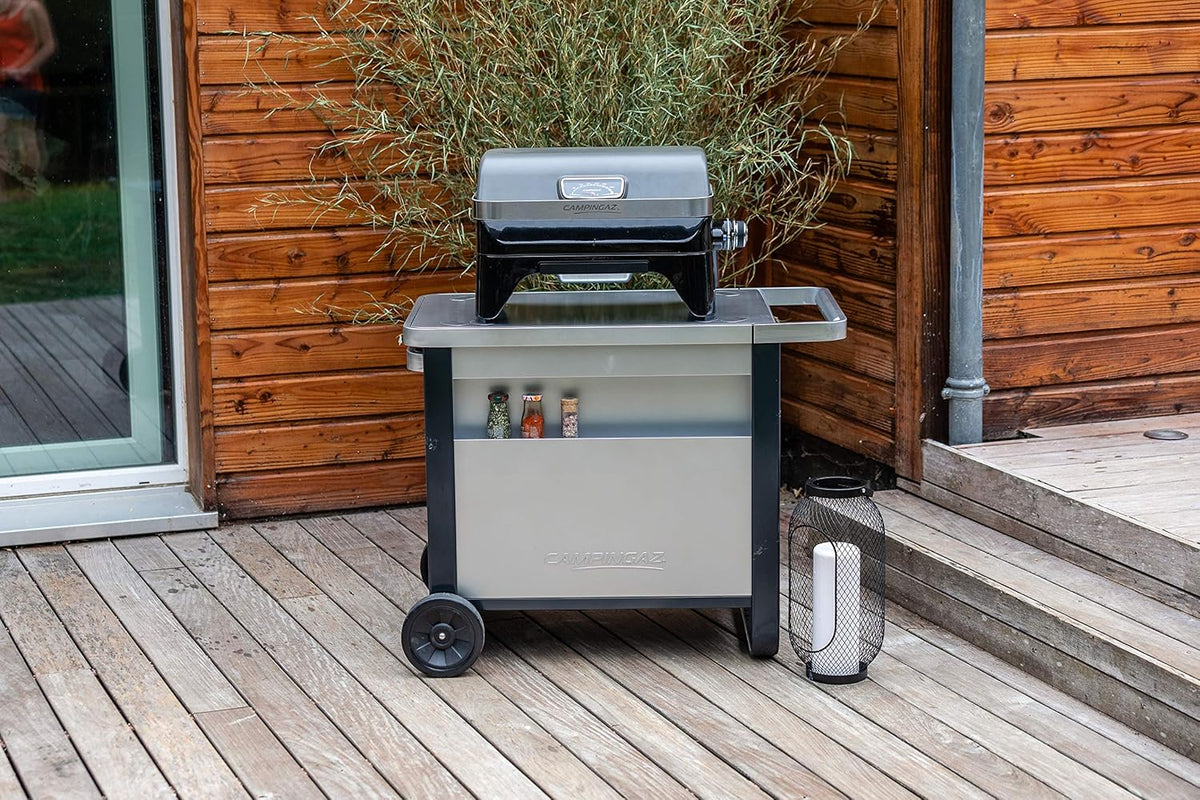 Attitude2go, Low Smoke Tabletop Barbecue, Portable BBQ, with Lid, Thermometer, and Cast Iron Grill, Power Supply: CV 470 Plus Gas Cartridge, Gray