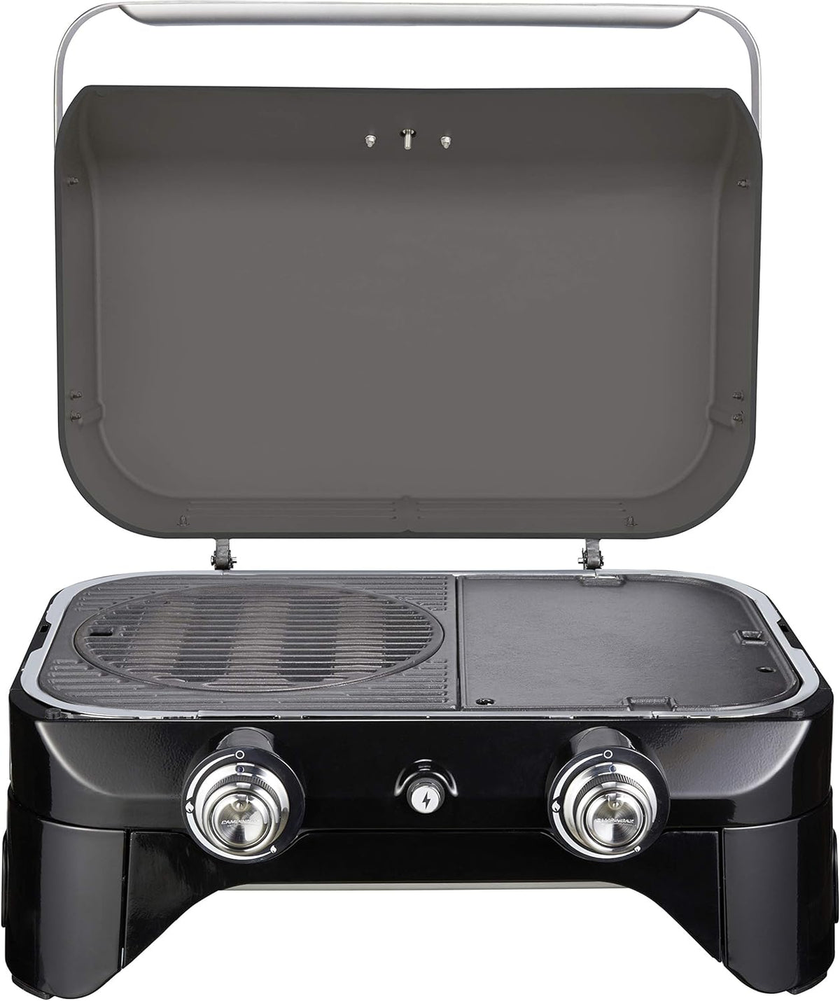 Attitude2go, Low Smoke Tabletop Barbecue, Portable BBQ, with Lid, Thermometer, and Cast Iron Grill, Power Supply: CV 470 Plus Gas Cartridge, Gray