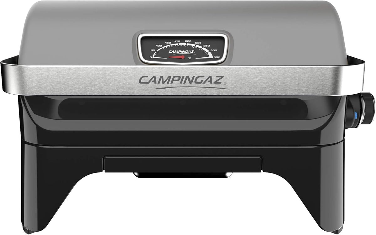 Attitude2go, Low Smoke Tabletop Barbecue, Portable BBQ, with Lid, Thermometer, and Cast Iron Grill, Power Supply: CV 470 Plus Gas Cartridge, Gray