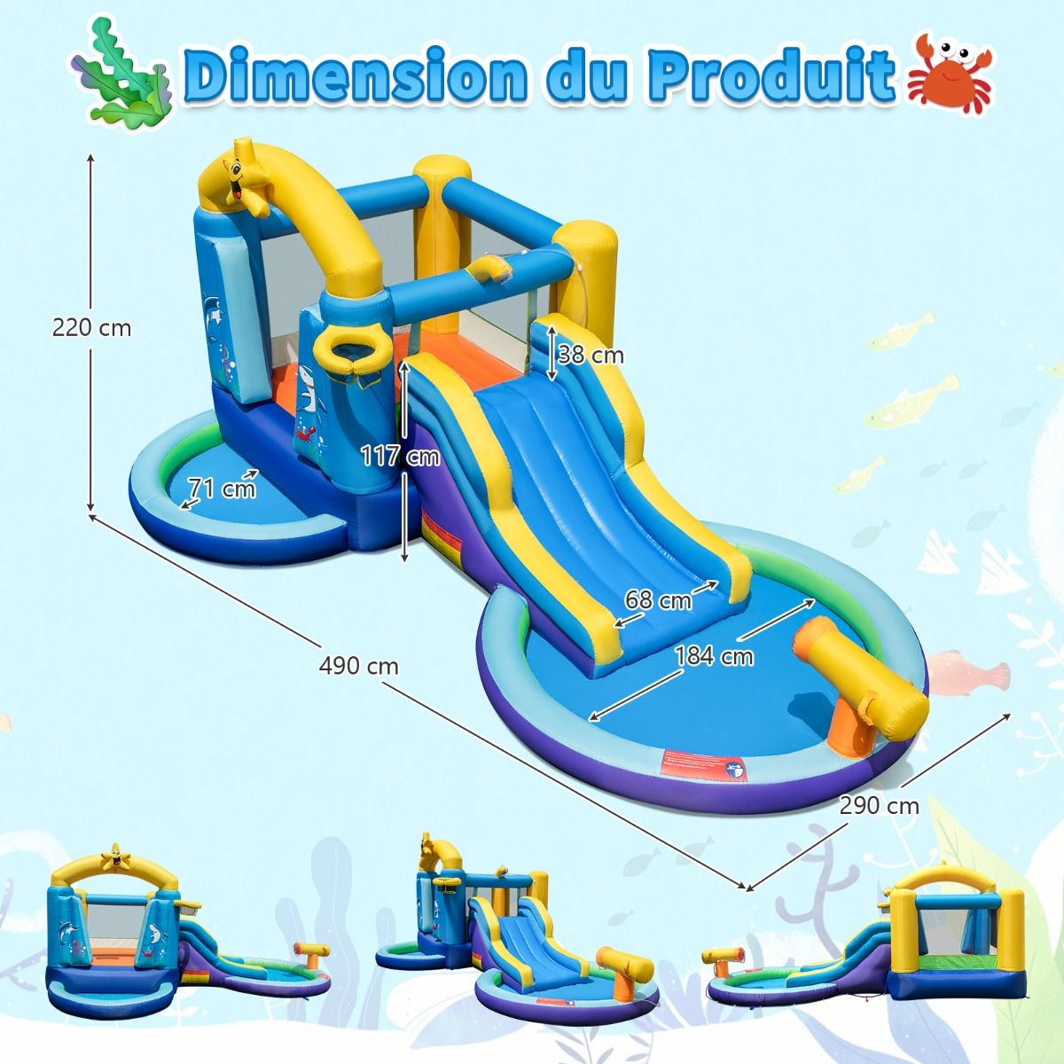 6 in 1 Ocean Bouncy Castle with 680W Blower Water Slide & 2 Pools Inflatable Bounce House Load 90kg -