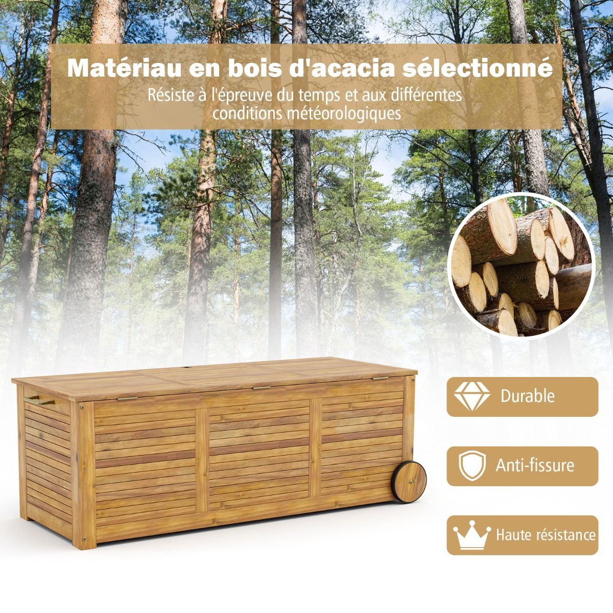 182L Acacia Wood Storage Chest Metal Hinge Outdoor Storage Bench on Wheels for Garden Patio -