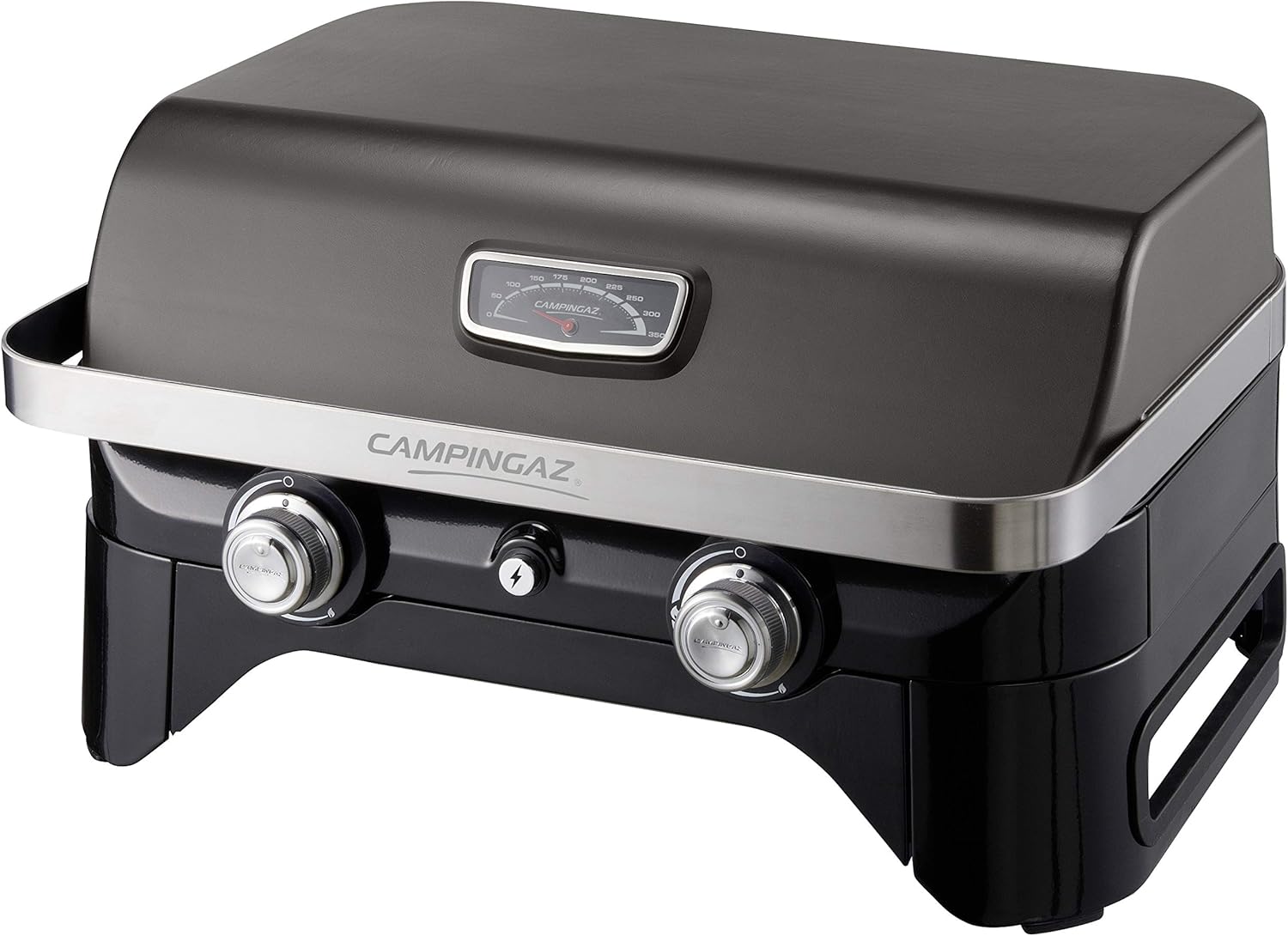 Attitude2go, Low Smoke Tabletop Barbecue, Portable BBQ, with Lid, Thermometer, and Cast Iron Grill, Power Supply: CV 470 Plus Gas Cartridge, Gray