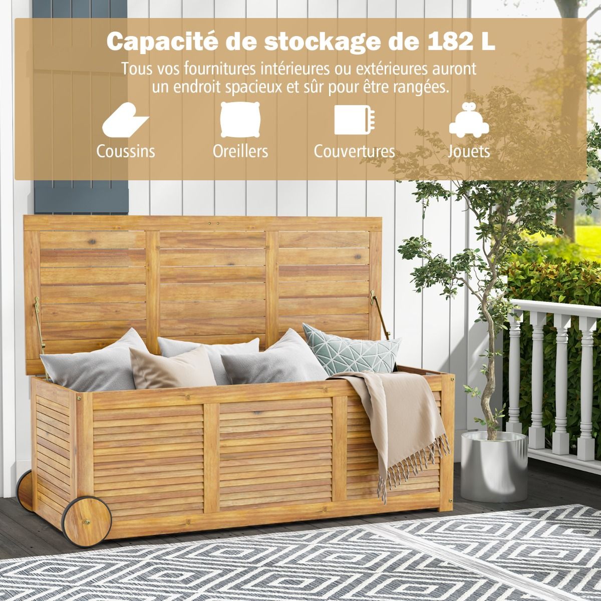 182L Acacia Wood Storage Chest Metal Hinge Outdoor Storage Bench on Wheels for Garden Patio -