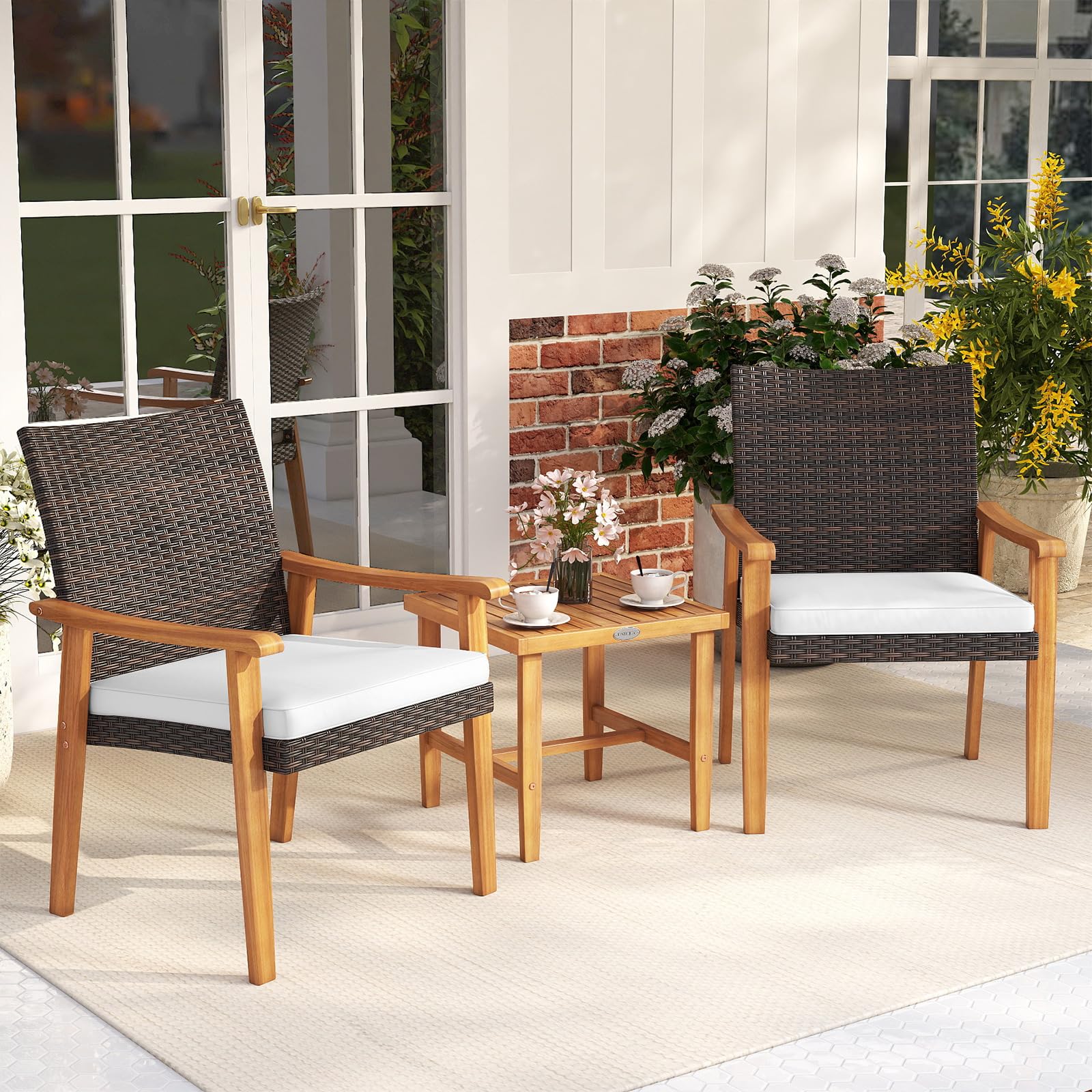 Tangkula 3 Pieces Patio PE Wicker Furniture Set Acacia Wood Outdoor Conversation Bistro Set - Product image 2