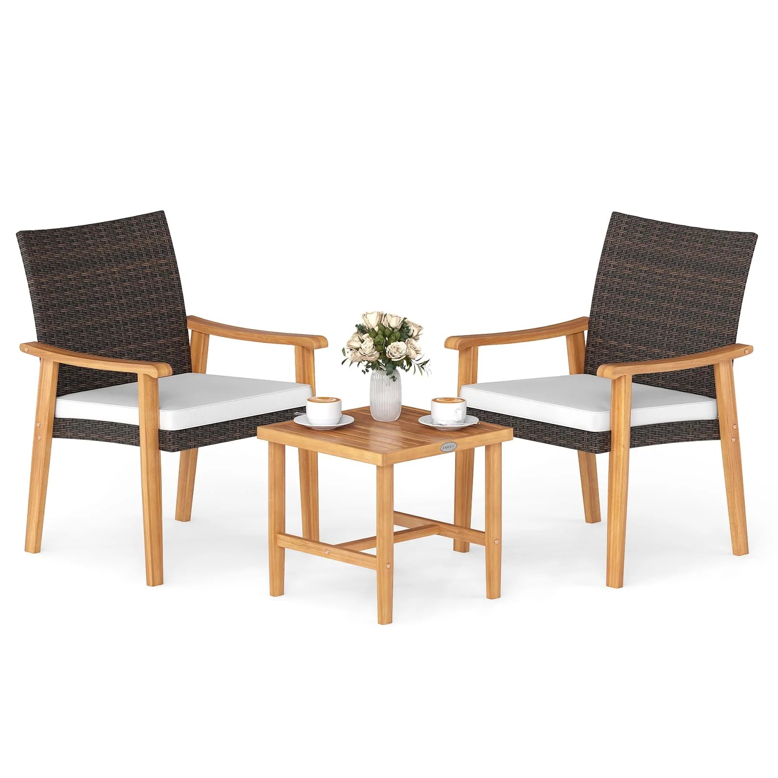 Tangkula 3 Pieces Patio PE Wicker Furniture Set Acacia Wood Outdoor Conversation Bistro Set - Product image 1
