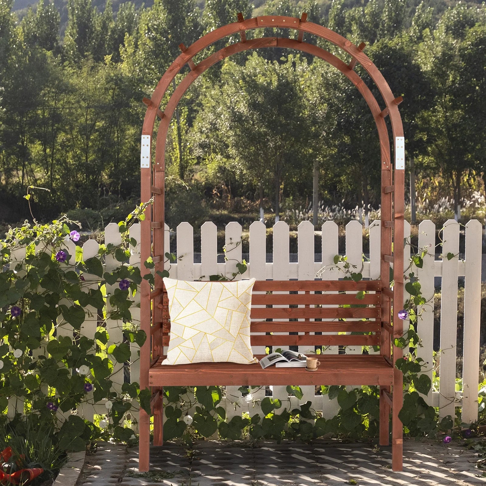 6.8FT Wooden Arch with Bench for 2 People, Garden Arbor Trellis for Climbing Plant - Product image 3