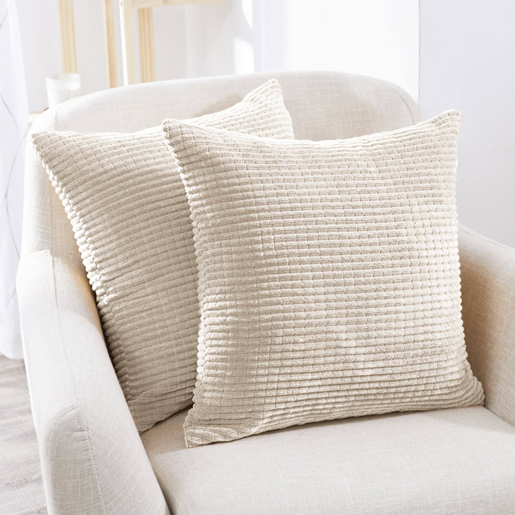 Deconovo Throw Pillow Covers Corduroy 18x18 inch Cream Stripe Pattern Square Soft Cushion Covers for Couch - Product image 1