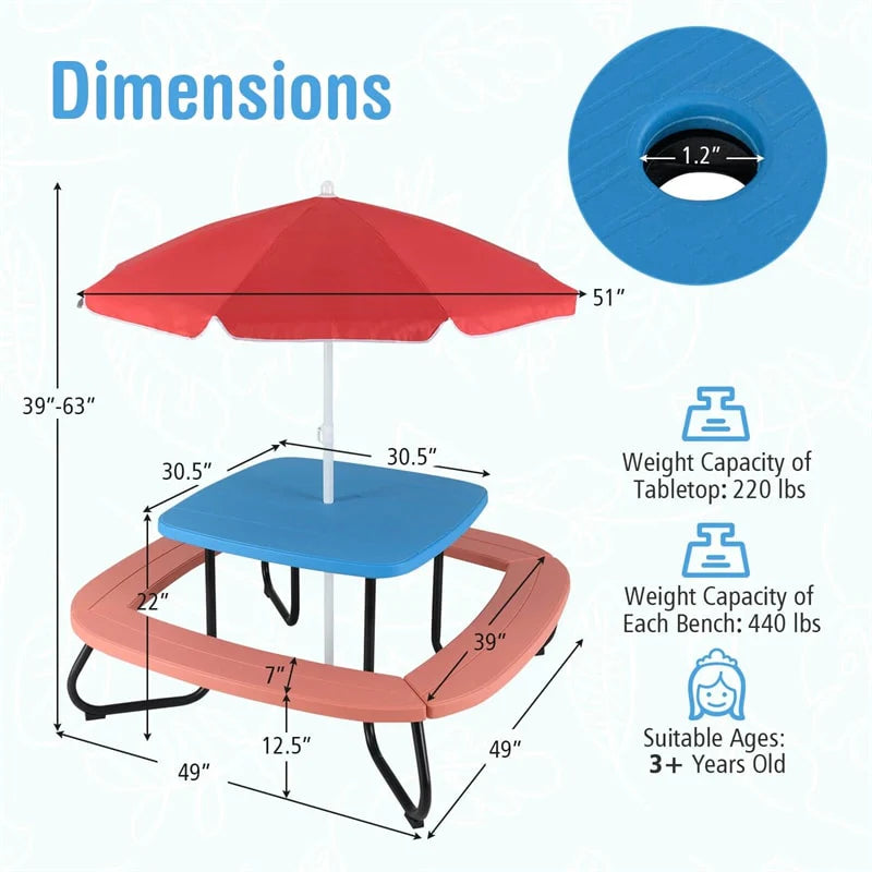 8-Person Kids Picnic Table Bench Set with Removable & Foldable Umbrella - Product image 26
