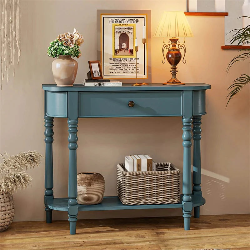 36" 2-Tier Retro Console Table with Storage Drawer & Open Shelf, Solid Wood Narrow Entryway Sofa Table for - Product image 22