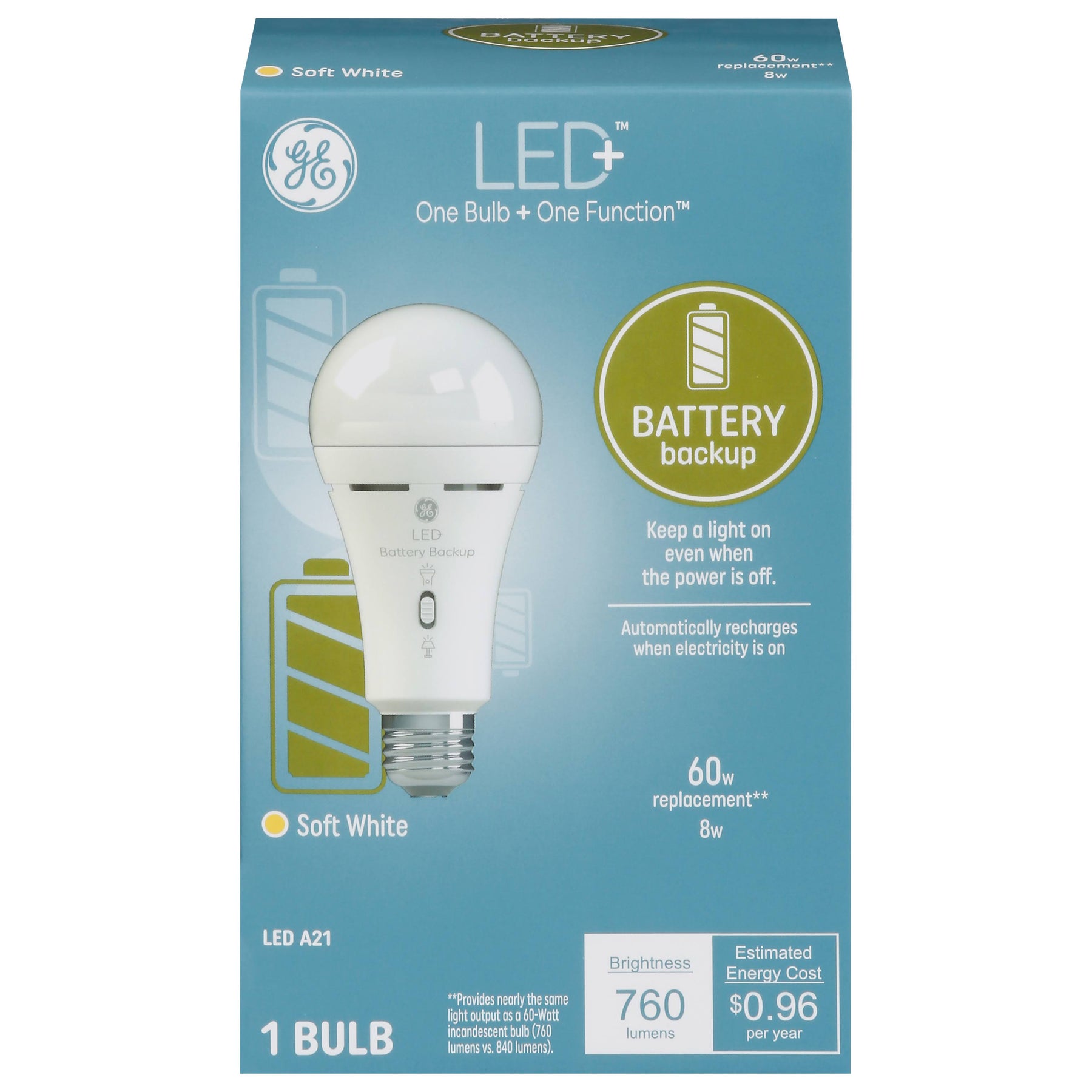 Ge LED+ Light Bulb, LED+, Battery Backup, Soft White, 8 Watts - Product image 1