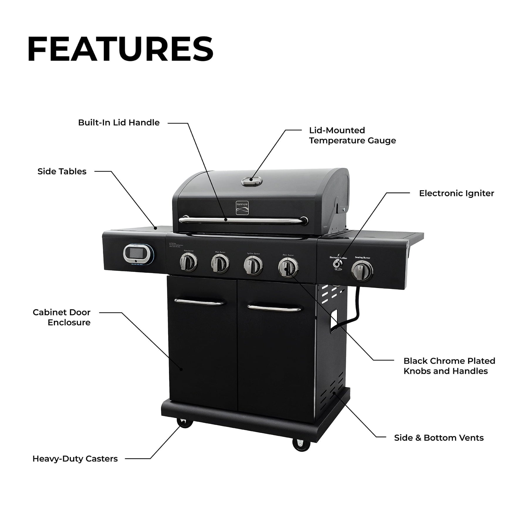 4-Burner Smart Gas Grill with Side Searing Burner. Black with Chrome Accents - Product image 4