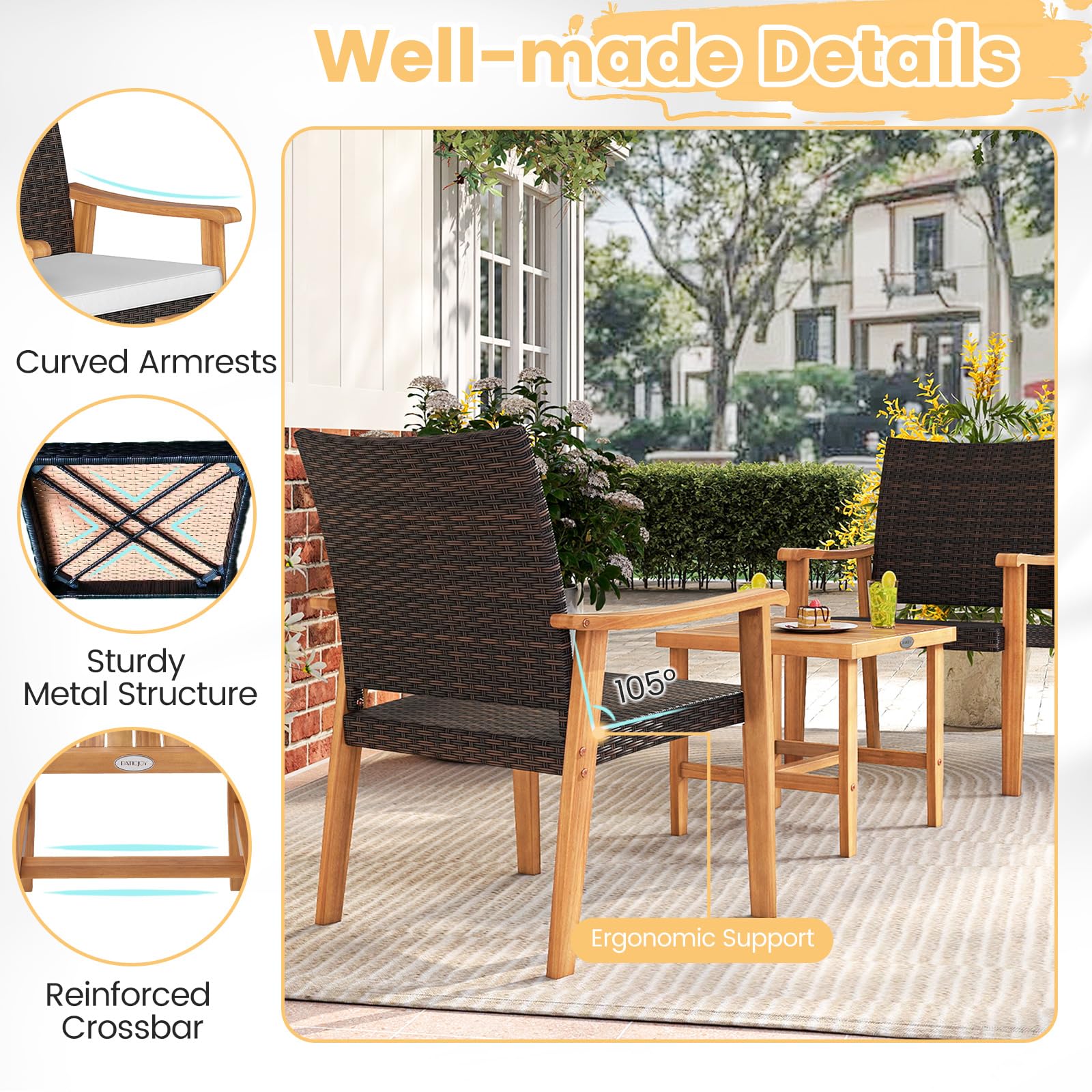 Tangkula 3 Pieces Patio PE Wicker Furniture Set Acacia Wood Outdoor Conversation Bistro Set - Product image 8