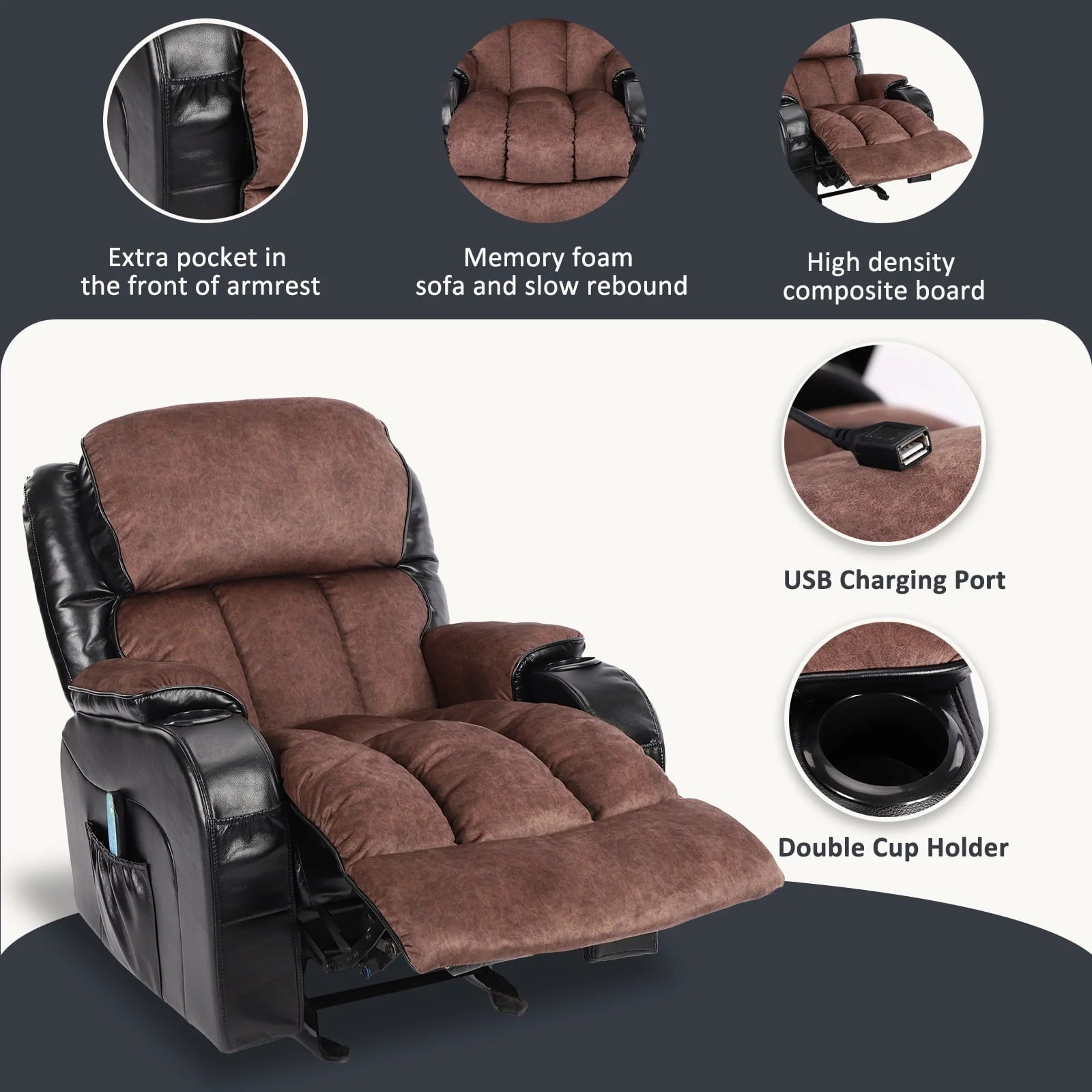 Leather Massage Recliner Chair, Modern Electric Power Rocker with Heated Massage, Ergonomic Lounge Chair - Product image 7