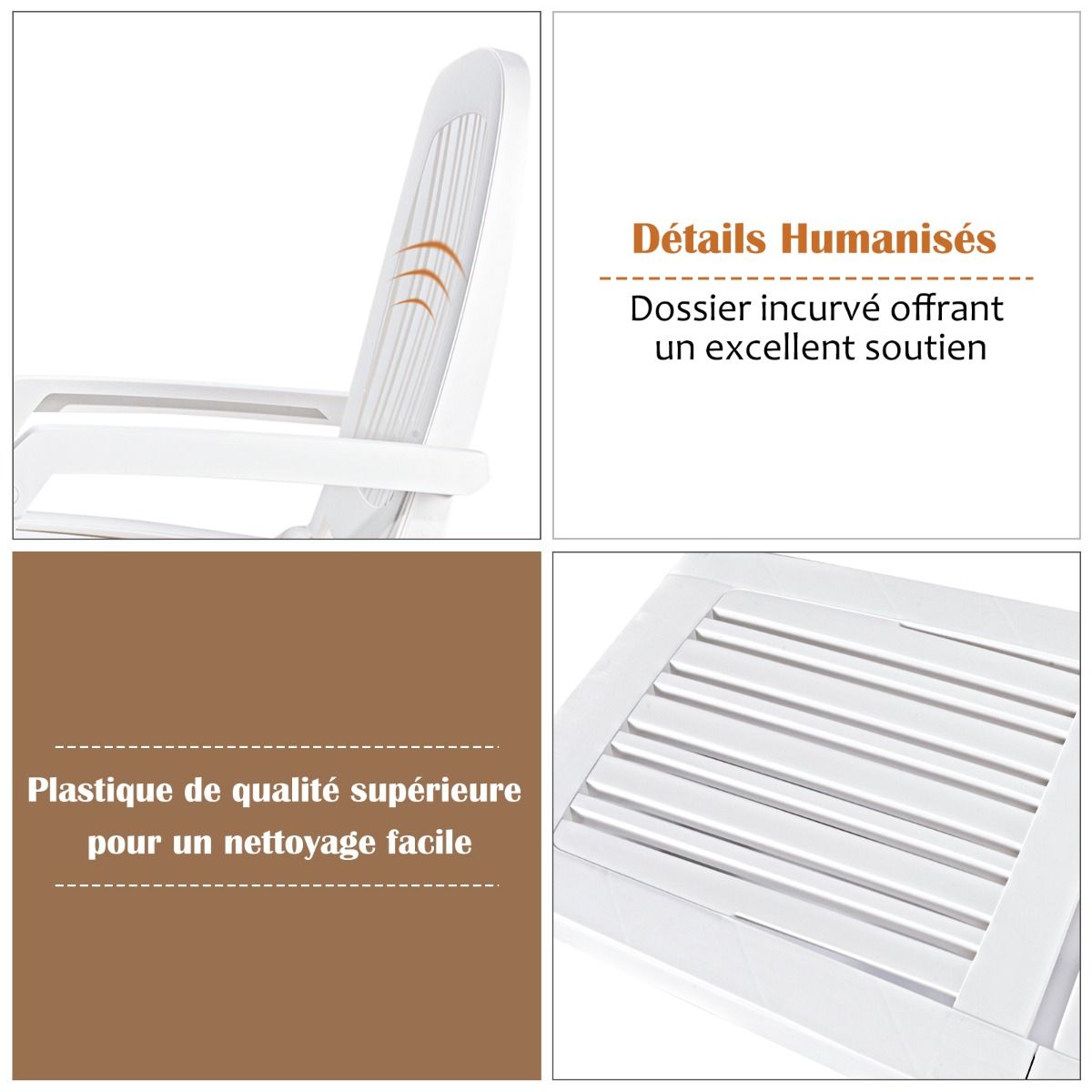 5 Position Adjustable Reclining Deck Chair with Flexible Wheels Camping Relax Armchair with Storage Box Load 150KG White -