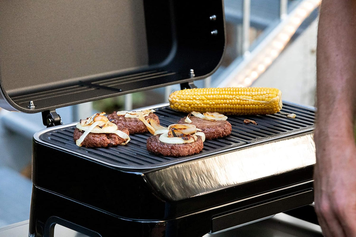 Attitude2go, Low Smoke Tabletop Barbecue, Portable BBQ, with Lid, Thermometer, and Cast Iron Grill, Power Supply: CV 470 Plus Gas Cartridge, Gray
