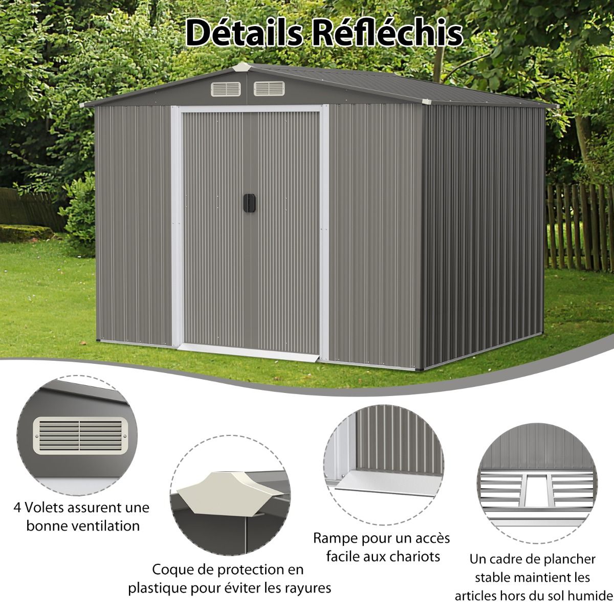 Exterior Metal Garden Shed 9.74m³ Galvanized Steel with Foundation 4 Louvers Double Door and Ramp 260 x 207 x 181 cm Dark Grey/Light Gray -