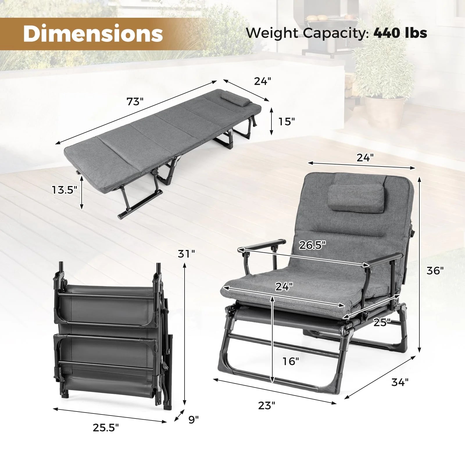 Tangkula 3 in 1 Convertible Lounge Chair Outdoor with Cushion - Product image 3