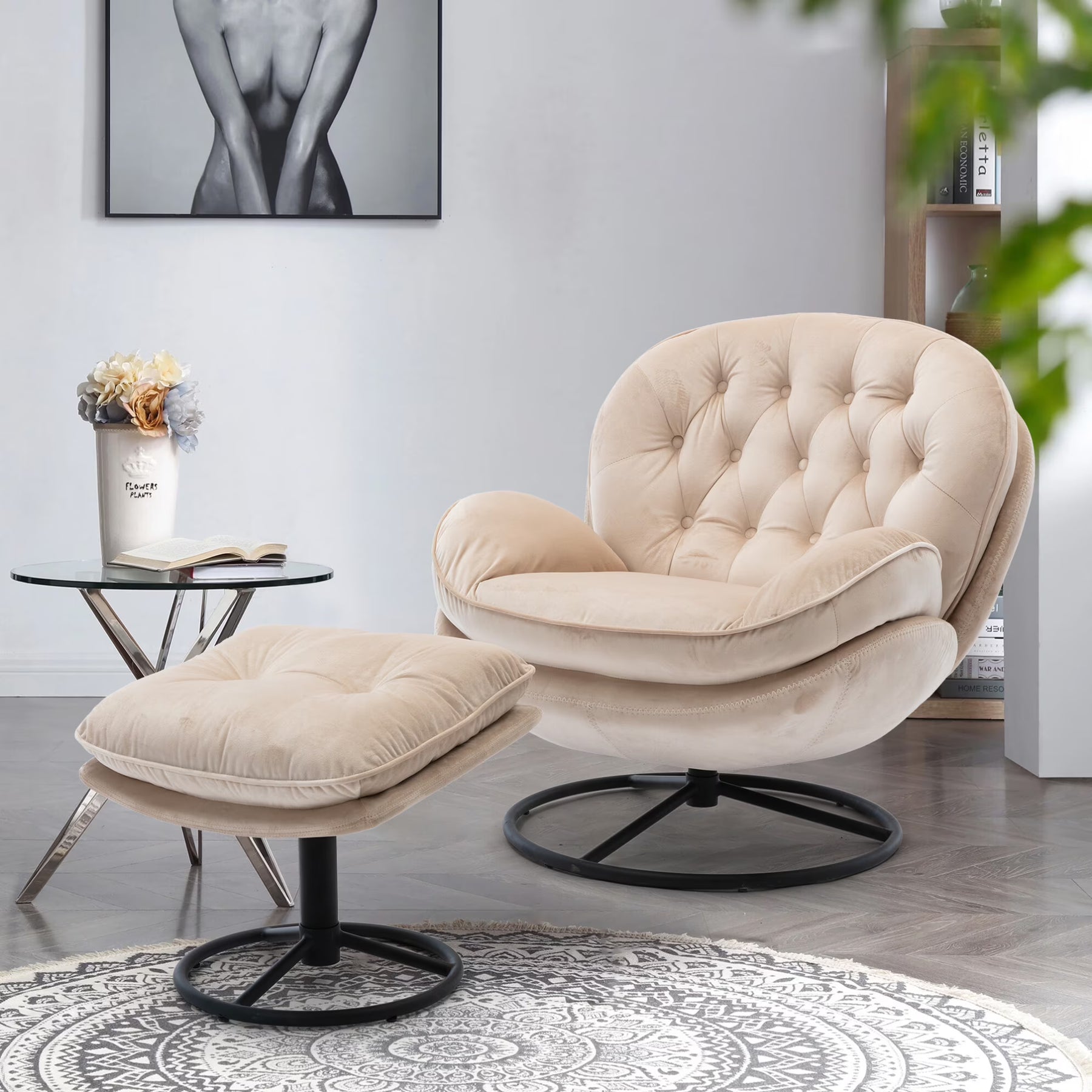 Velvet Swivel Accent Chair with Ottoman, Modern Chaise Lounge Chair with Metal Frame and Footstool - Product image 3