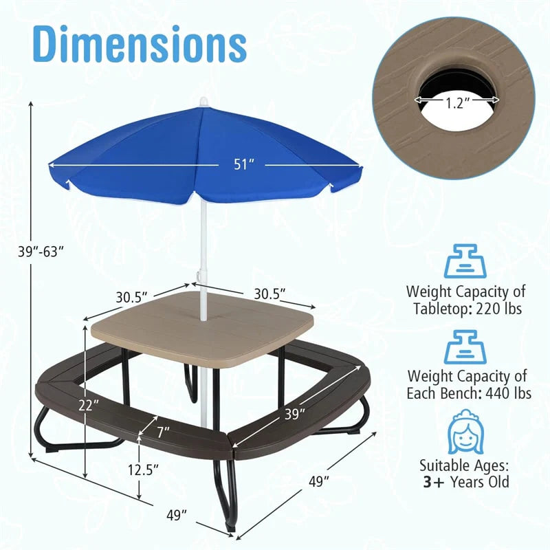 8-Person Kids Picnic Table Bench Set with Removable & Foldable Umbrella - Product image 4