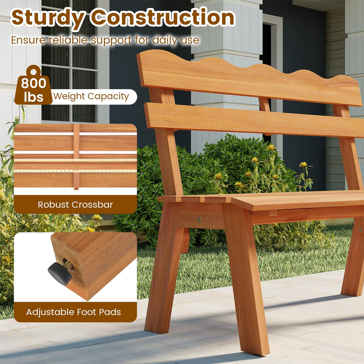 Tangkula 2 Person Patio Garden Bench with Waved Backrest and Slatted Seat - Product image 6